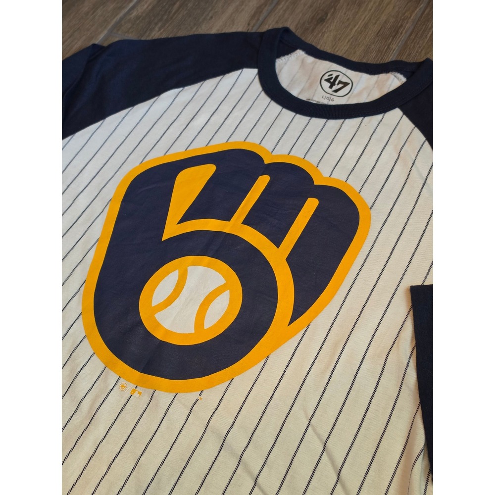 47 Brand Milwaukee Brewers Pinstripe Raglan 3/4 Sleeve Baseball Tee Shirt Large